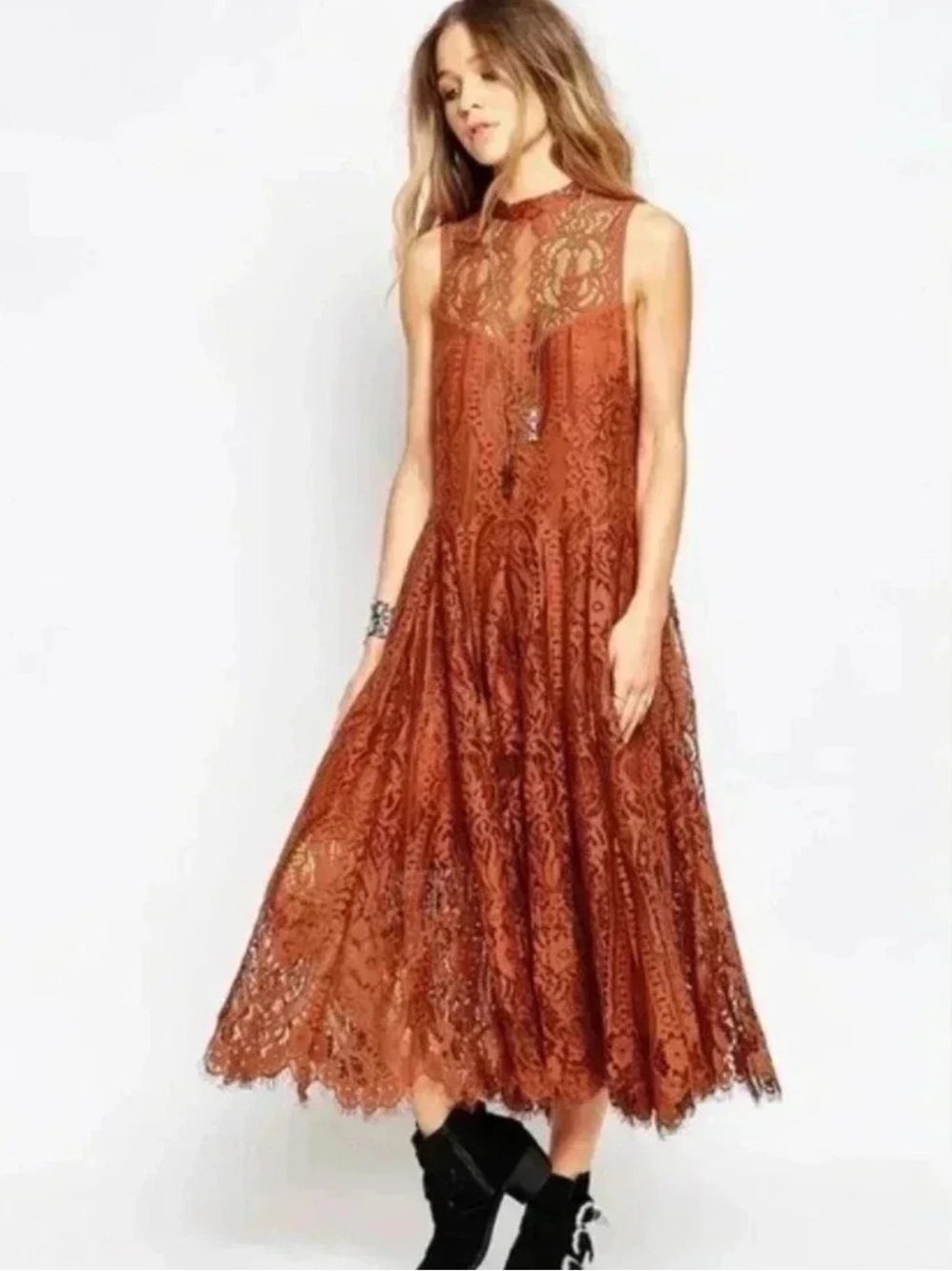 Free People Angel Ray Scalloped Lace Sleeveless Midi Dress Copper/Rust Orange XS